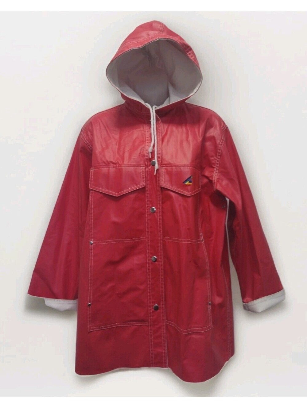 80s Nautical Fisherman Red Vinyl Rain Slicker Rainbow Sailboat Misty Harbor Sz M